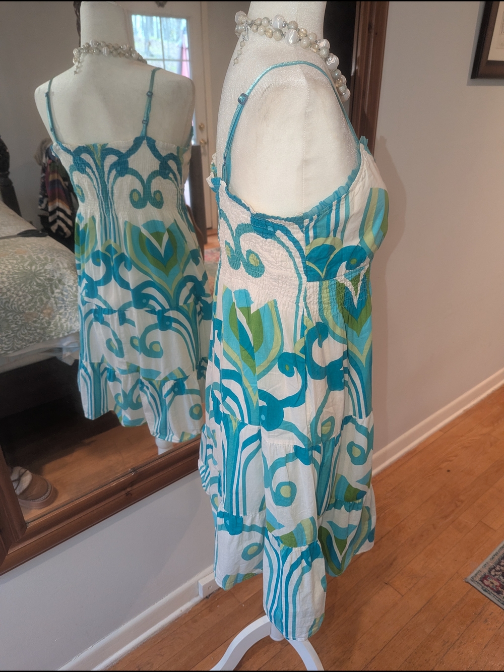 💯 Indian Cotton Green & White Printed Sundress With Slip - Picture 5 of 12